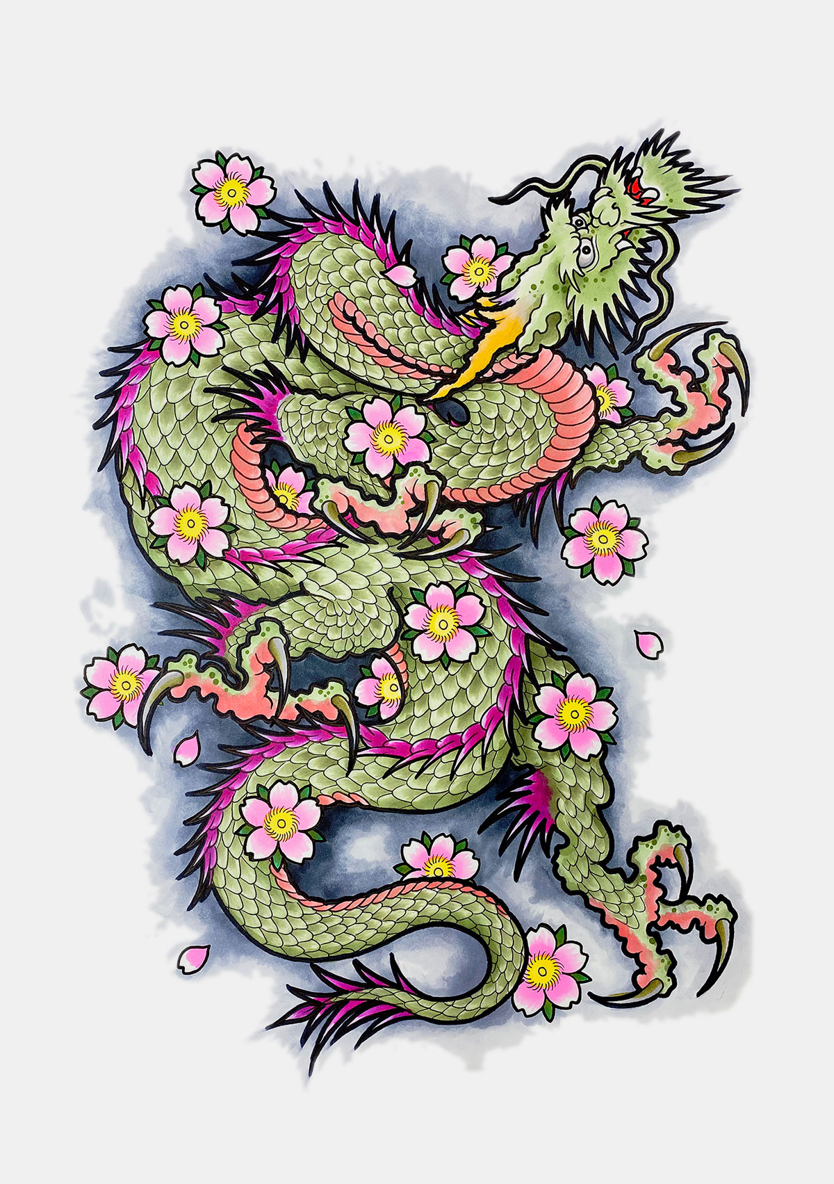 Pink Flower and Dragon Tattoo Design