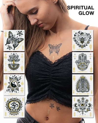 Tattoo Set mit dekorativen Line-Art Motiven und glitzernden goldenen Elementen