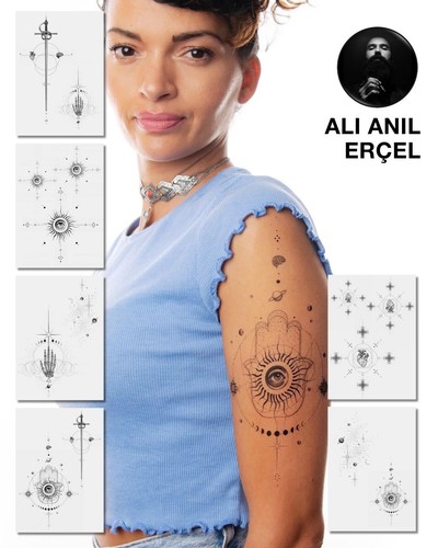 Tattoo Set mit filigranen mystischen Line-Art Motiven und symbolischen Elementen