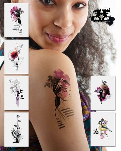 Tattoo Set mit floralen und künstlerischen Line-Art Motiven kombiniert mit Aquarell-Elementen