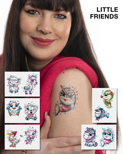 Tattoo Set mit bunten, süßen Tiercharakteren im Cartoon-Stil Tattoo Set mit bunten, süßen Tiercharakteren im Cartoon-Stil