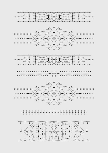 Tattoo Set mit feinen, ornamentalen und geometrischen Line-Art Mustern.