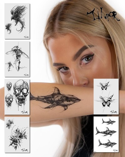 Tattoo Set mit dynamischen, skizzenhaften Motiven im düsteren Fine-Line Stil