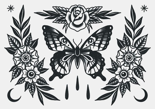 Tattoo Set mit kräftigen, traditionellen Oldschool-Motiven in markanten Farben