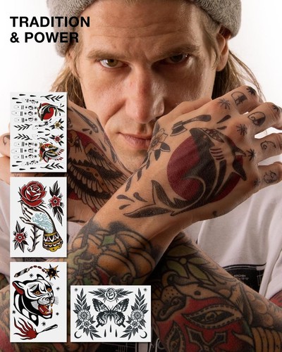 Tattoo Set mit kräftigen, traditionellen Oldschool-Motiven in markanten Farben