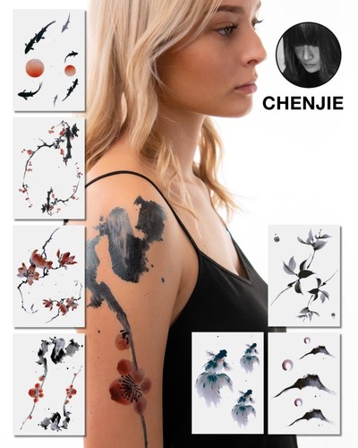 Tattoo Set mit abstrakten Watercolor- und Tuschemotiven in zarten, fließenden Formen
