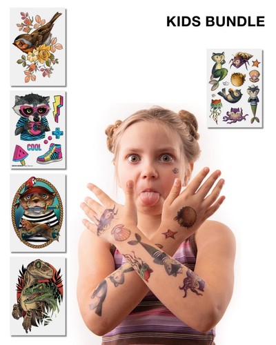 Tattoo Set mit bunten, kinderfreundlichen Tier- und Fantasiemotiven im Illustrationsstil