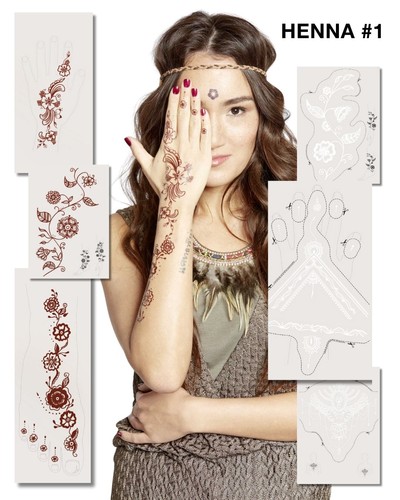 Tattoo Set mit filigranen Henna-Mustern und dekorativen floralen Ornamenten.