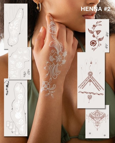 Tattoo Set mit weißen und braunen Henna-Mustern im floralen und ornamentalen Stil
