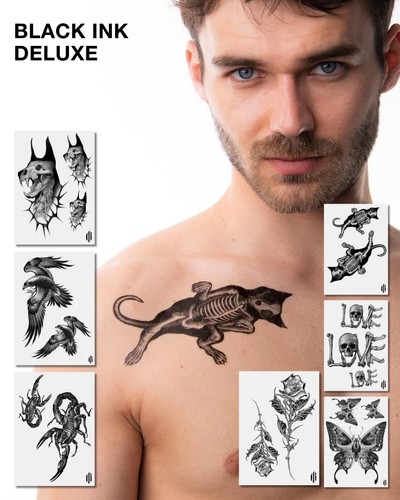 Tattoo Set mit detaillierten schwarzen Motiven im düsteren, kraftvollen Illustrationsstil