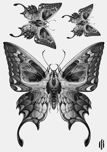 Tattoo Set mit detaillierten schwarzen Motiven im düsteren, kraftvollen Illustrationsstil