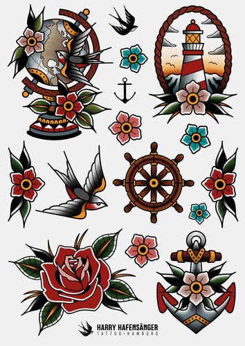 Tattoo Set mit klassischen nautischen Oldschool-Motiven in kräftigen Farben und klaren Linien.