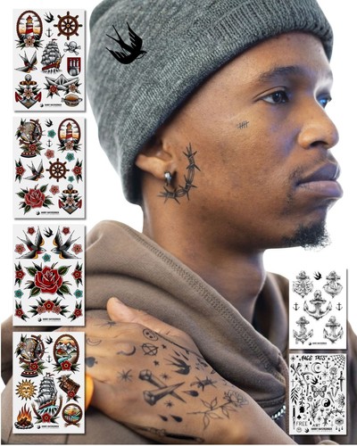 Tattoo Set mit klassischen nautischen Oldschool-Motiven in kräftigen Farben und klaren Linien.