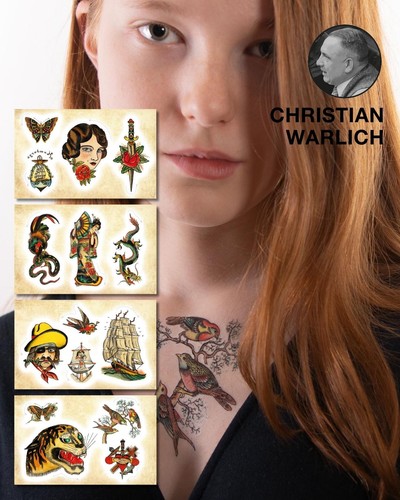 Tattoo Set mit klassischen Oldschool-Flash-Motiven im traditionellen Vintage-Stil