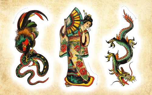 Tattoo Set mit klassischen Oldschool-Flash-Motiven im traditionellen Vintage-Stil