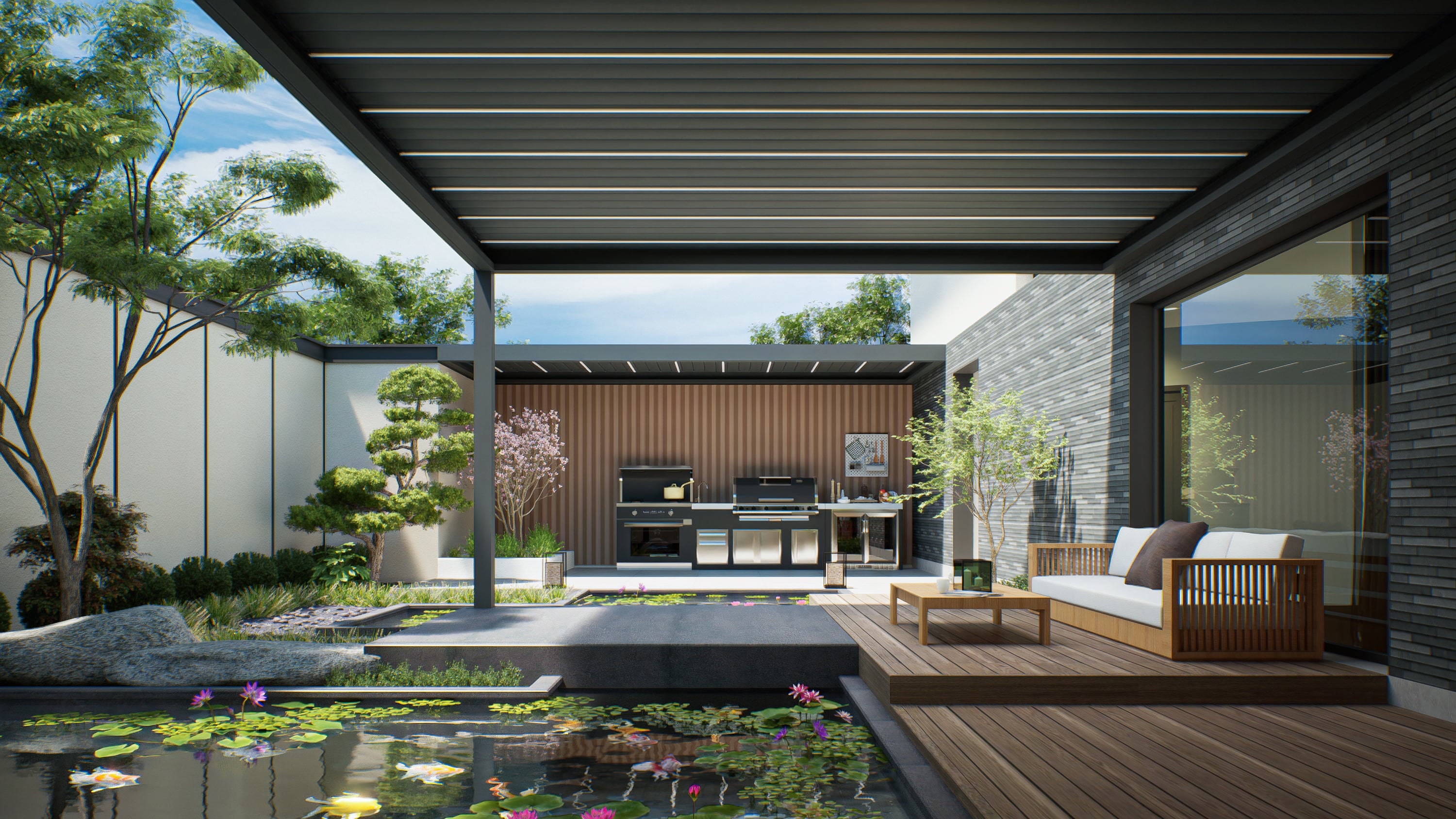 Pergola in Anthrazit mit Wandmontage auf der Terrasse