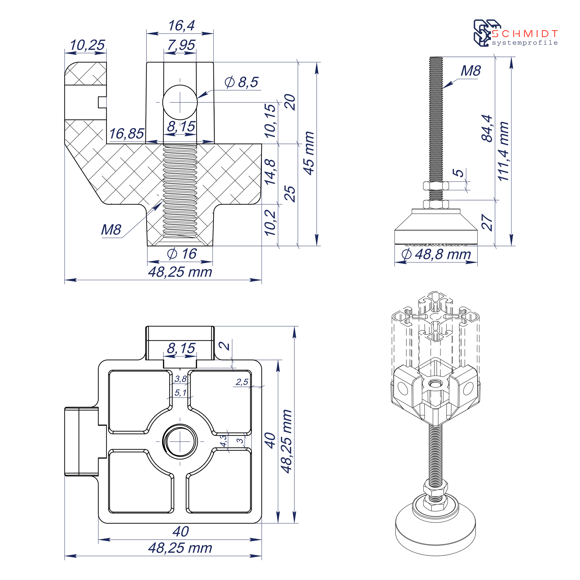 SCHMIDT systemprofile Fußverbinder 40x40mm Nut 8 Stellfuß M8 
