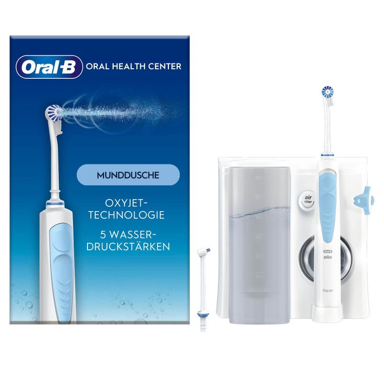 Oral-B Munddusche Oxyjet (Oxyjet-Technologie, 5 Wasserdruck-Stufen, 4 Wasserstrahle, perfekt für Zahnspangen und Implantate, Lieferumfang: 1 Munddusche, 1 Oxyjet-Düse, 1 Waterjet-Düse)