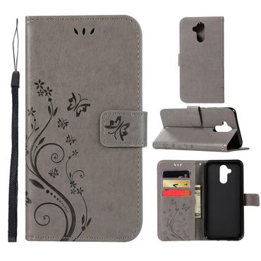 Wallet Case für Huawei Mate 20 LITE Butterfly Flower Motiv, Farbe: Grau