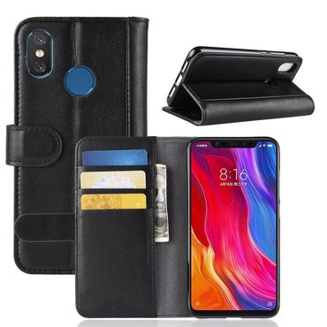 Wallet Case für Xiaomi Mi 8 Echt Leder Innenfach, Farbe: Schwarz