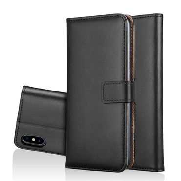 Wallet Case für Apple iPhone XS MAX Genuine Split Echt Leder Tasche, Farbe: Schwarz