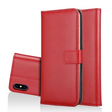 Wallet Case für Apple iPhone XS MAX Genuine Split Echt Leder Tasche, Farbe: Rot