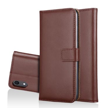Wallet Case für Apple iPhone XR Genuine Split Echt Leder Tasche, Farbe: Braun