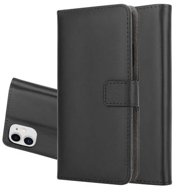 Wallet Case für Apple iPhone 11 Genuine Split Echt Leder Handy Tasche, Farbe: Schwarz
