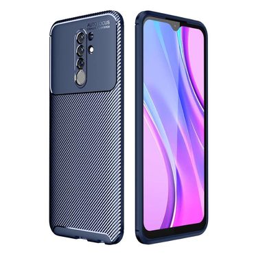 TPU Case für XIAOMI REDMI 9 Carbon Fiber Muster Shockproof Texture Hülle Cover, Farbe: Blau