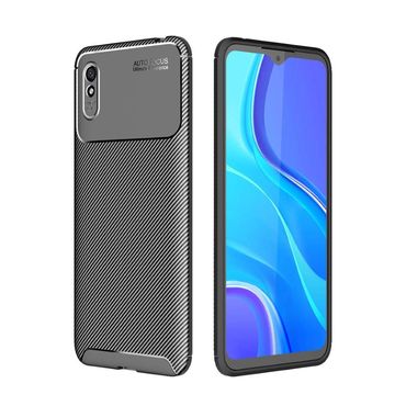 TPU Case für XIAOMI REDMI 9A Carbon Fiber Muster Shockproof Texture Hülle Cover, Farbe: Schwarz