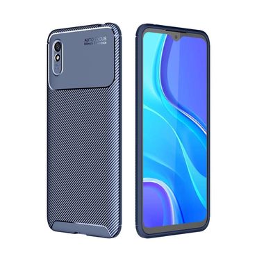 TPU Case für XIAOMI REDMI 9A Carbon Fiber Muster Shockproof Texture Hülle Cover, Farbe: Blau