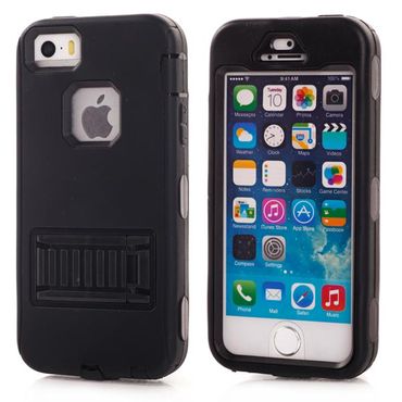 Outdoor Case für Apple iPhone SE 5 5S Hybrid Silikon Kickstand, Farbe: Schwarz