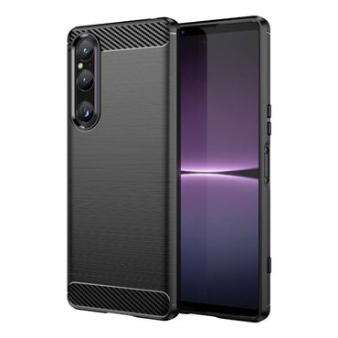 TPU Hülle für Sony Xperia 1 V Carbon Fiber Skin Brushed Schutzcover Soft Case, Farbe: Schwarz