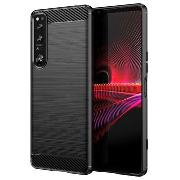 TPU Hülle für Sony Xperia 1 IV Carbon Fiber Skin Brushed Schutzcover Soft Case, Farbe: Schwarz