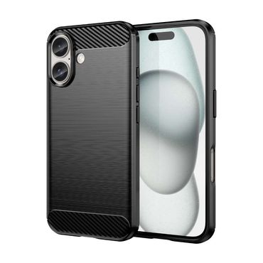 TPU Hülle für Apple iPhone 16 Carbon Fiber Skin Brushed Schutzcover Soft Case, Farbe: Schwarz