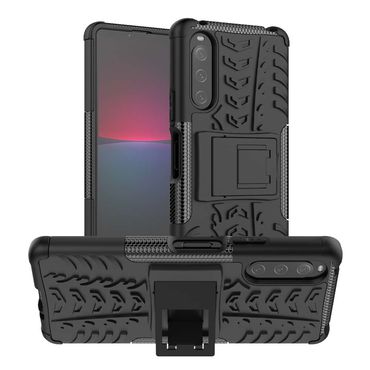 Outdoor Hülle für Sony Xperia 10 IV Tire Rutschfest Kickstand PC TPU Cover Case, Farbe: Schwarz