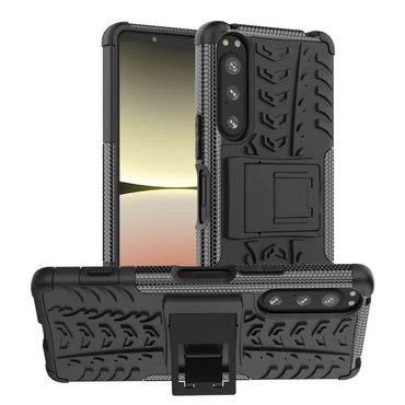 Outdoor Hülle für Sony Xperia 5 IV Tire Rutschfest Kickstand PC TPU Cover Case, Farbe: Schwarz