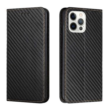 Handy Tasche für Apple iPhone 16 PRO MAX Carbon Fiber Wallet Hülle Magnet Etui, Farbe: Schwarz