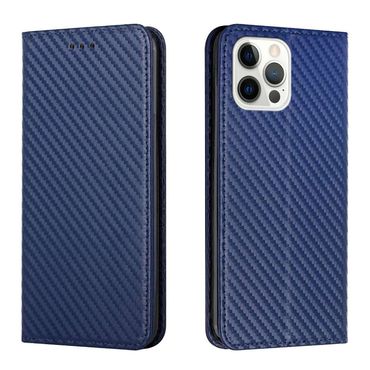 Handy Tasche für Apple iPhone 16 PRO Carbon Fiber Wallet Hülle Magnet Klapp Etui, Farbe: Blau