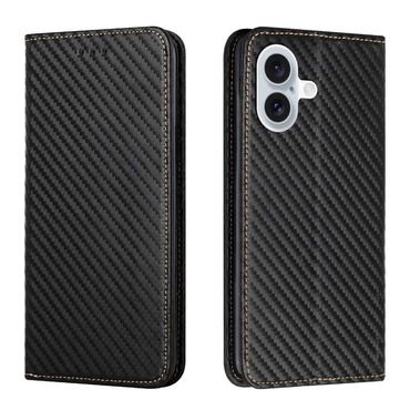 Handy Tasche für Apple iPhone 16 PLUS Carbon Fiber Wallet Hülle Magnet Etui Case, Farbe: Schwarz