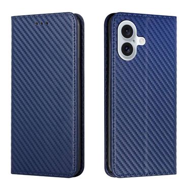 Handy Tasche für Apple iPhone 16 PLUS Carbon Fiber Wallet Hülle Magnet Etui Case, Farbe: Blau