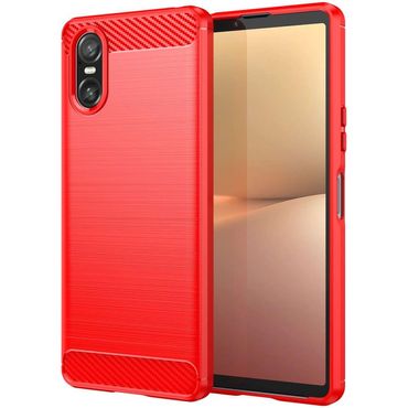 TPU Hülle für Sony Xperia 10 VI Carbon Fiber Skin Brushed Schutzcover Soft Case, Farbe: Rot