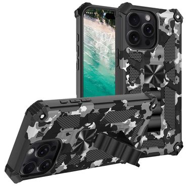 Outdoor Hülle für Apple iPhone 16 PRO MAX Camouflage Shockproof PC Schutzcover, Farbe: Schwarz