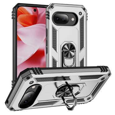 Outdoor Hülle für Google Pixel 9a TPU PC Hybrid Sergeant Armor Ring Cover Case, Farbe: Silber