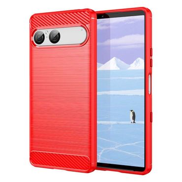 TPU Hülle für Sony Xperia 10 VII Carbon Fiber Skin Brushed Schutzcover Soft Case, Farbe: Rot