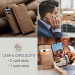 CASEME 013 Series Hülle schräg von vorne und von hinten, telefonierender Business-Mann und beworbene Kartenslots in Braun für Galaxy S25 FE