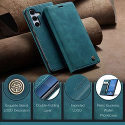 H130SA394A-CASEME-Handy-Tasche-fuer-Samsung-Galaxy-S25-FE-Wallet-013-Series-Huelle-Klapp-Etui_23.jpg CASEME 013 Series Hülle schräg angelehnt von vorne und versetzt dahinter von hinten, darunter 4 bildhafte Vorteile nebeneinander in Blau für Galaxy S25 FE
