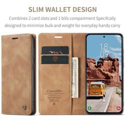 H130SA394A-CASEME-Handy-Tasche-fuer-Samsung-Galaxy-S25-FE-Wallet-013-Series-Huelle-Klapp-Etui_31.jpg CASEME 013 Series Hülle von vorne und Innen aufgeklappt mit Telefon, Kreditkarten und Geldschein in Braun für Galaxy S25 FE