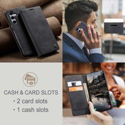 H130SA394A-CASEME-Handy-Tasche-fuer-Samsung-Galaxy-S25-FE-Wallet-013-Series-Huelle-Klapp-Etui_7.jpg CASEME 013 Series Hülle schräg von vorne und von hinten, telefonierender Business-Mann und beworbene Kartenslots in Schwarz für Galaxy S25 FE