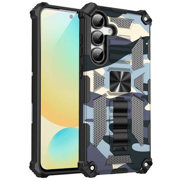 4x Hybrid Outdoor Hüllen von hinten und dahinter versetzt von vorne in Camouflage Grün, Hellblau, Schwarz und Blau für Galaxy S25 FE